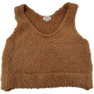 POL Medium Brown Fuzzy Sherpa Teddy Knit Cropped Tank Top Women's